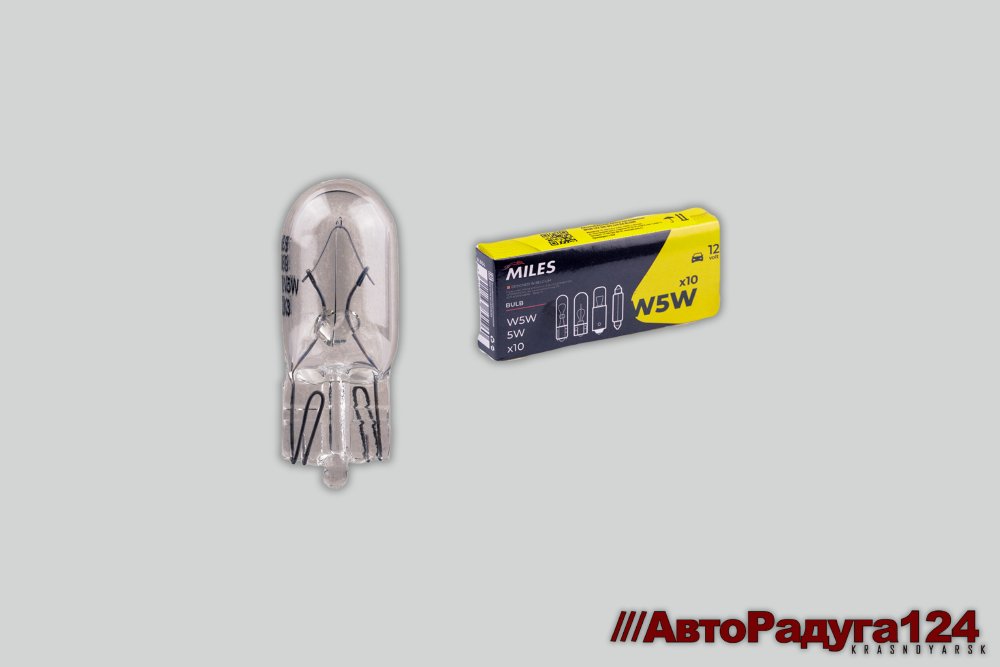 Автолампа T10 W5W W2.1x9.5d, 12V, 5W (упак. 10 шт) (BL089) (Miles)
