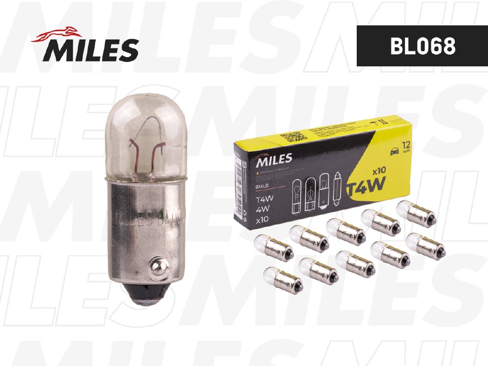 Автолампа T4W BA9s, 12V, 4W (Уп.-10 шт.) (BL068) (Miles)